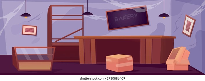 Cartoon abandoned bakery. Destroyed bake shop interior with spider web and broken furniture. Dirty cafe with cobweb and garbage, messy cafeteria, nowaday vector scene