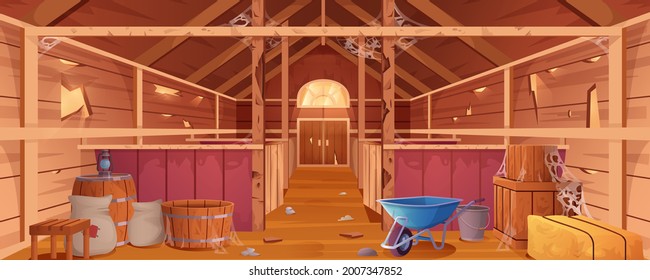 Cartoon abandoned barn interior with spiderweb and destroyed walls. Neglected farm house or wooden empty ranch with stalls, haystacks, sacks and gate. Old countryside storehouse building for animals.