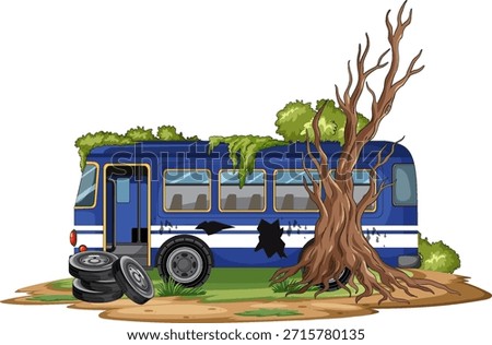 Cartoon abandoned blue bus with missing wheels, dead tree, green moss, isolated white background