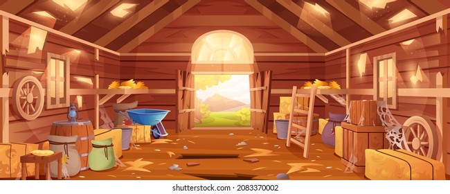 Cartoon abandoned farm barn interior with destroyed floor, walls and spiderweb. Wooden neglected ranch with haystacks, sacks and old agricultural tools. Deserted rustic storehouse building inside view