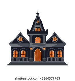 Cartoon abandoned house. A dark, ominous Halloween house, with a peaked roof and many windows. Vector illustration.