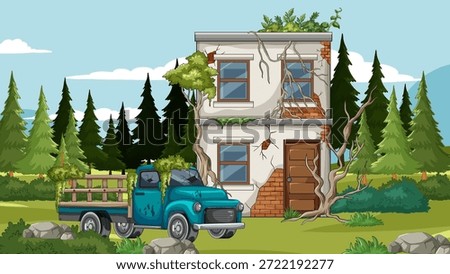 Cartoon abandoned house with rusty pickup truck, overgrown vegetation, cracked walls, bright daytime lighting