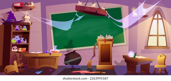 Cartoon abandoned magic school classroom with broken furniture, spider webs and crushed cauldron. Empty wizard room with window, blackboard and scattered things for magic knowledge.