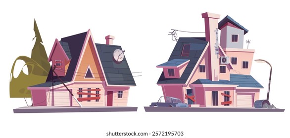 Cartoon abandoned suburban houses with boarded windows and damaged roofs. Game platform asset with residential buildings with neglected elements - broken walls, crooked utility poles, old derelict car