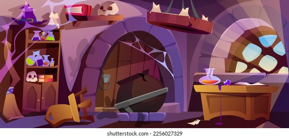 Cartoon abandoned witch house with broken furniture and crushed cauldron. Interior of wizard or empty sorceress room in medieval castle with spider webs, broomstick, hat and stuff for magic.