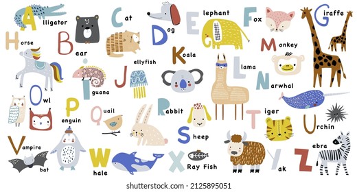 Cartoon abc kindliche Sammlung. Briefe mit süßen Tieren. Alphabet dekorativ. Ideal für Bildung, Plakat, Wandkunst.