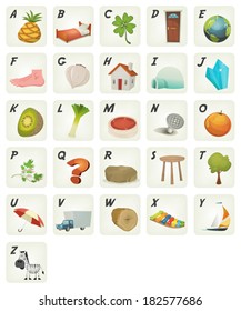 Cartoon ABC Cliparts Poster/ Illustration of a set of cute cartoon ABC letters and font characters from ananas to zebra for school and preschool kids