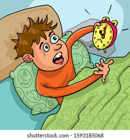 Cartoon about boy waking up late to  school