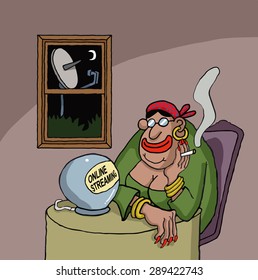Cartoon about a fortune teller watching something online on her ball