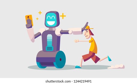 Cartoon about a guy and selfie robot