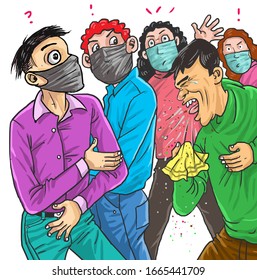 Cartoon about a man got cough and sneezing in the crowd people. People around him wearing mask for protect from virus!