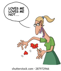 Cartoon about a woman who plays "Loves me, loves me not" with the flower