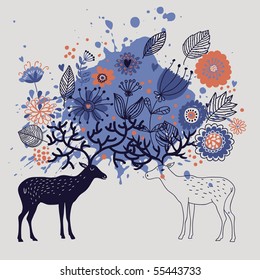 Cartoon abstract background with deers and floral themes