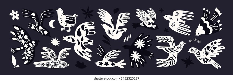 Dibujos animados de aves abstractas con adornos. Elementos decorativos, estilo botánico, pájaros voladores. Patrón de Vector de moda. Paloma escandinava, tragar