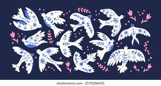 Cartoon abstract birds with pattern . Decorative elements, botanical boho style, flying birds. Trendy vector pattern. Scandinavian pigeon, swallow	