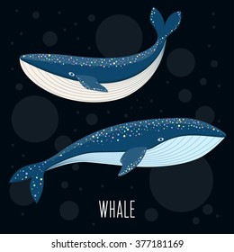 Cartoon abstract blue whale set.  Nature, sea animal and wildlife theme. Whale fish isolated on black cover for card, book, invitation. Vector whale. 