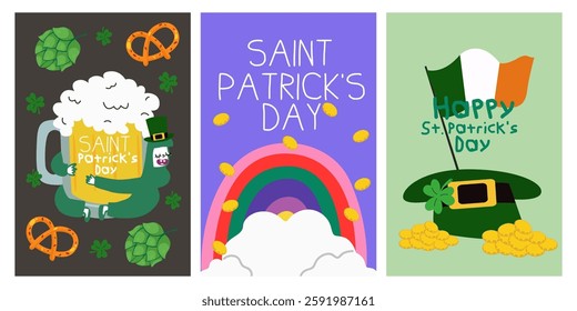 Cartoon abstract bright posters for St Patrick's Day. Ireland lucky holiday banner, greeting card. Leprechaun character, mug of beer, pot of golden coins, clover. Flat cartoon background design