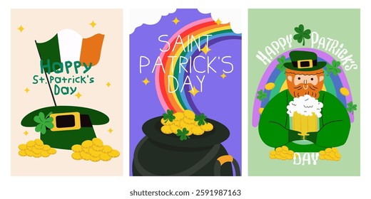 Cartoon abstract bright posters for St Patrick's Day. Ireland lucky holiday banner, greeting card. Leprechaun character, mug of beer, pot of golden coins, clover. Flat cartoon background design