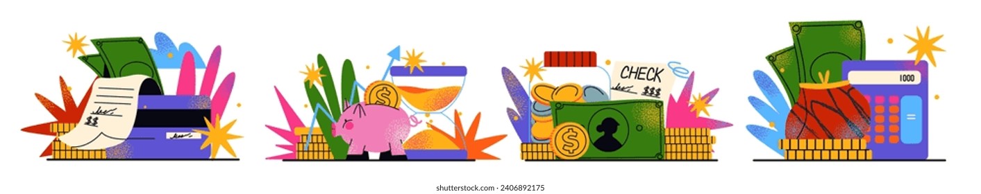 Cartoon abstract business and finance shapes. Retro illustration of money, piggy bank, credit, business analytics, coins, savings, bills.  bright stickers composition