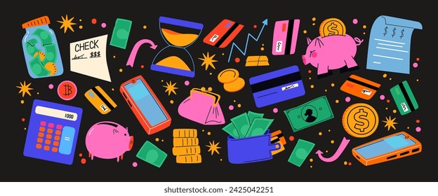 Cartoon abstract business and finance stickers. Retro shapes of money, piggy bank, credit, business analytics, coins, savings, bills. Fashionable bright patches