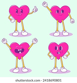 Cartoon abstract character pack. Retro trendy characters pack, shape star with legs and hands, heart with funny face, vintage mushroom. Vector set packs
