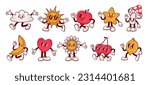 Cartoon abstract character. Retro trendy characters, comic sun and cloud, mascot running cherry, shape star with legs and hands, heart with funny face, vintage mushroom. Vector set. Chamomile flower
