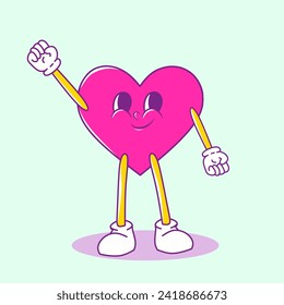 Cartoon abstract character. Retro trendy characters, shape star with legs and hands, heart with funny face, vintage mushroom. Vector set Pink