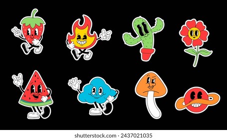 Cartoon abstract character. Retro trendy stickers with funny comic characters and gloved hands. Vintage strawberry, cactus, fire, flower, cloud, mushroom, planet, watermelon