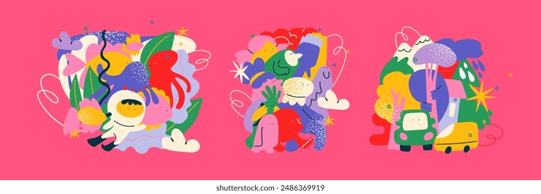 Cartoon abstract characters, doodle illustration. Bright maskot blot cute geometric shapes in retro hippie style 90s. For children's books, sites, stickers