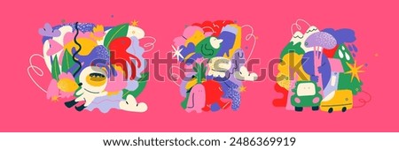 Cartoon abstract characters, doodle illustration. Bright maskot blot cute geometric shapes in retro hippie style 90s. For children's books, sites, stickers
