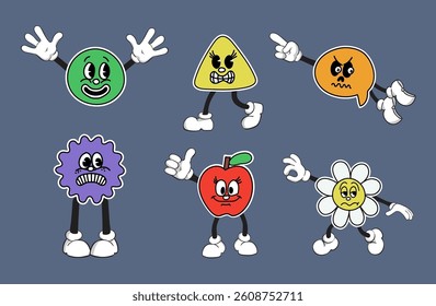 Cartoon abstract characters set. Retro trendy mascot characters, comic cloud, running chamomile flower, shape fruit with legs and hands,