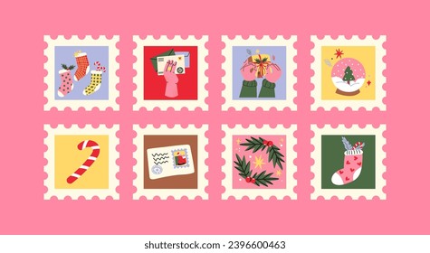Cartoon abstract christmas posters in retro 90s style. Square banners stamps, New Year elements, gifts, santa. Acid hippie shapes
