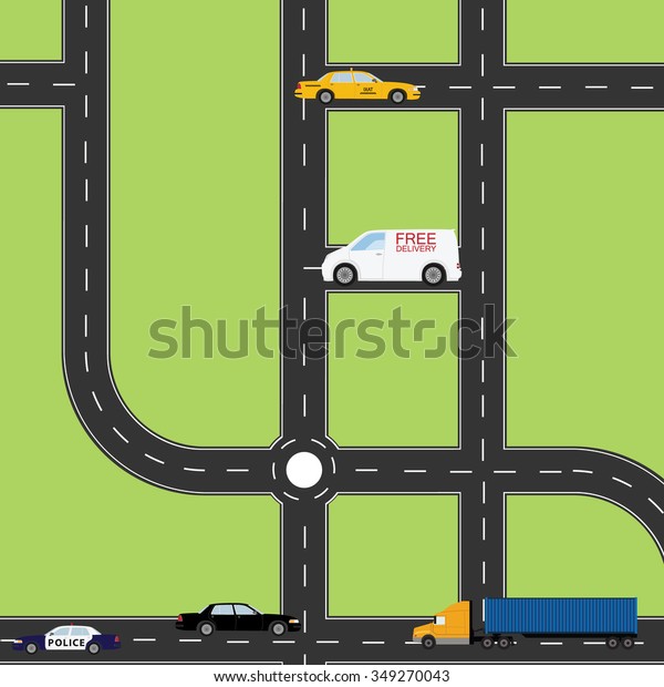 Cartoon abstract city map with police,\
taxi, delivery van, truck and black. Road top\
view