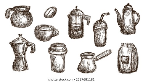 Cartoon abstract coffee elements illustration in pencil scribble hand drawn style. Set of monochrome doodle chaotic sketches. Vector naive art.