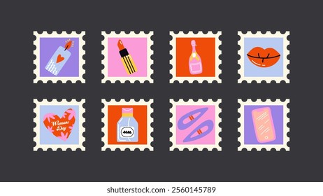 Cartoon abstract feminist posters for March 8, International Women's Day in retro 90s style. Square banners postage stamps, spring and girls holiday. Acid hippie shapes