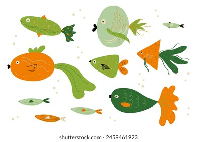 Cartoon abstract Fish hand drawn vector illustration on isolated background. Decorative abstract sea animals, ocean life, marine motive. Design elements for print, paper, poster, sign, card, flyer