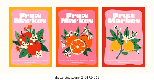 Carteles de frutas abstractas de dibujos animados. Frutas y plantas retro limón, naranja, manzana, Anuncio de pared brillante en estilo de los años 90