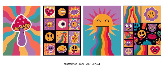 Cartoon abstract funny comic surreal patches posters. Trendy comic retro, emoji characters vector background illustration. Abstract cartoon shapes cards. Amusing expression surrealism decoration