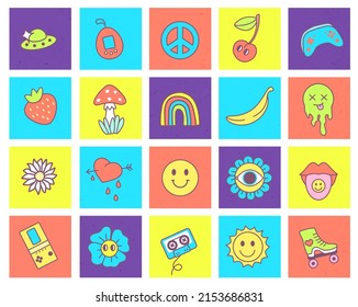 Cartoon abstract funny retro stickers. Emoticons and items from the 90s. Multicolored stamps with psychedelic characters.