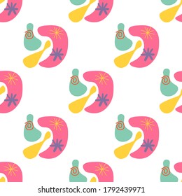 Cartoon abstract geometric seamless pattern. Fantasy geo tile background. Infinity wrapping paper with different shapes. Creative texture. Vector illustration.    