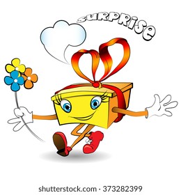 Cartoon abstract a gift with a bow and flowers in her hand,  inscription surprise