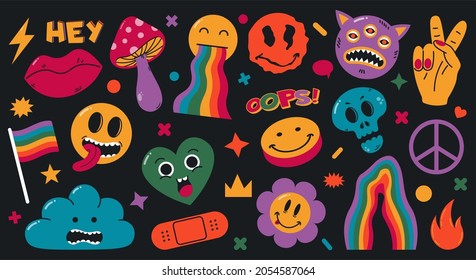 Cartoon abstract groovy comic funny emoji characters. Cute comic doodle stickers, trendy retro elements vector illustration set. Hallucination weird shapes. Psychedelic sticker, surreal cartoon