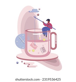 Cartoon abstract illustration of guy sitting on cup and catching work assignments. Schedule planning, goal targets and achievements flat vector graphic