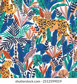 Cartoon abstract jungle wild cheetah forest green leaves garden seamless pattern fashion clothing apparels textile vector illustration graphic artwork