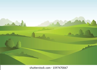 Cartoon abstract landscape with green fields, trees. Beautiful rural nature.  Vector Illustration.