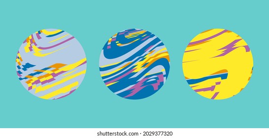 Cartoon abstrakte Planeten für kosmisches Design.  Flüssigkeitskreisgradienten gesetzt, weiche runde Knöpfe.