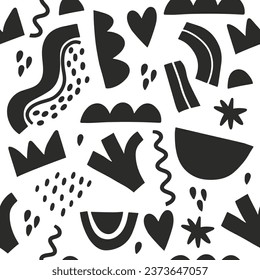 Cartoon abstract seamless pattern. Hand drawn irregular shapes with dots, stripes and lines isolated on white background. Doodle figures. Fun black and white geometric textile design