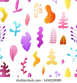 Cartoon abstract seamless pattern with plants, leaves or trees in trendy geometric flat style. Minimalistic colorful vector design texture.