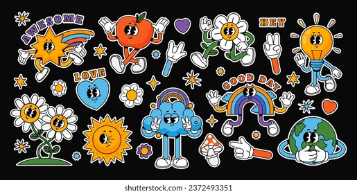 Cartoon abstract stickers. Retro comic character with facial expressions, legs and glows. Running star, walking happy apple, cheerful bulb with face. Vector collection. Daisy flower, globe