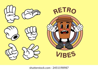 Cartoon abstract stickers. Retro comic character with facial expressions, legs and glows. Running star, walking happy apple, cheerful bulb with face. Vector collection